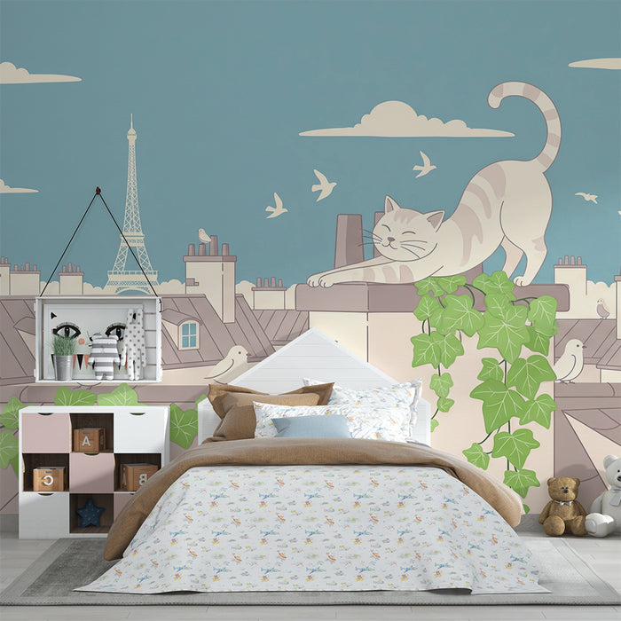 Papel de parede para quarto infantil | Gato traquina nos telhados de Paris com a Torre Eiffel ao fundo