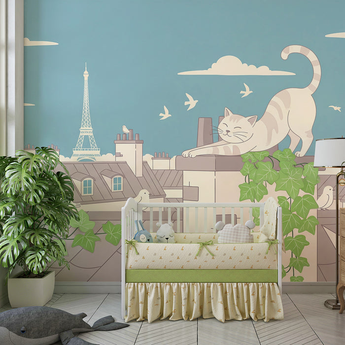 Papel de parede para quarto infantil | Gato traquina nos telhados de Paris com a Torre Eiffel ao fundo