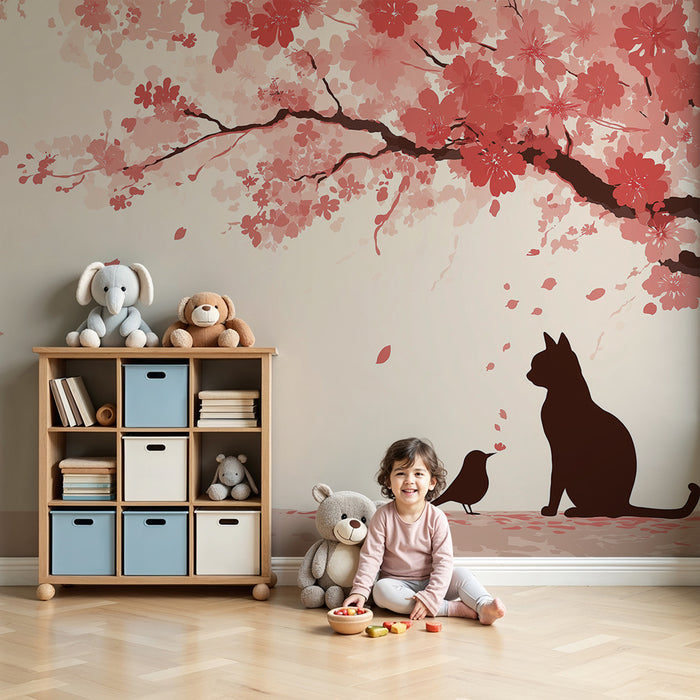 Kinderzimmer Tapete | Katze und Vogel unter blühender Kirschbaum