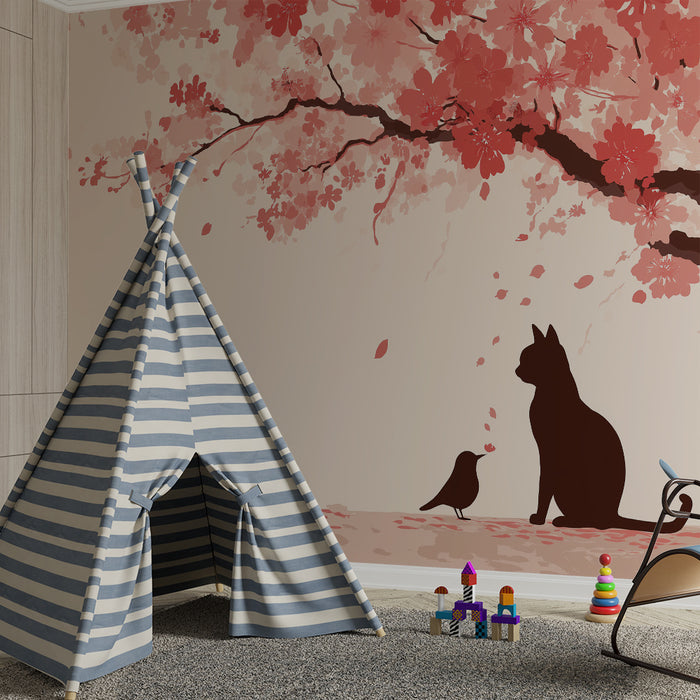 Kinderzimmer Tapete | Katze und Vogel unter blühender Kirschbaum