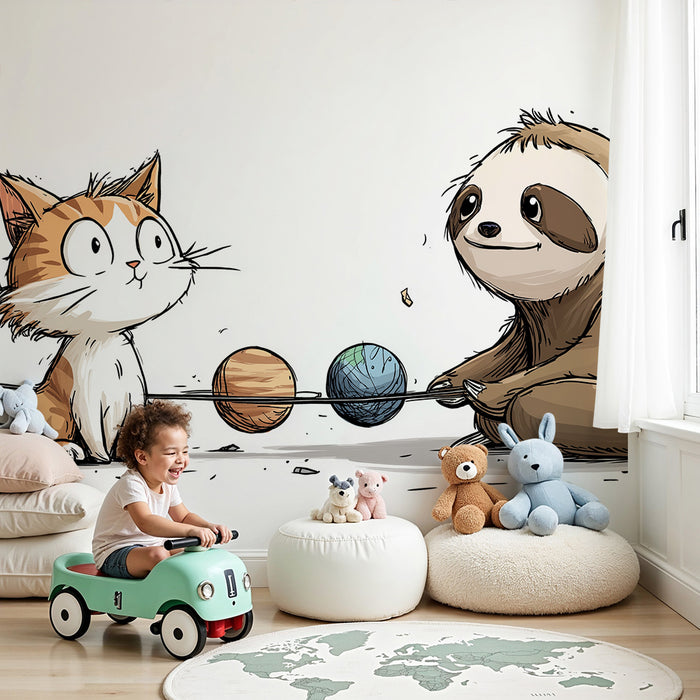 Papier peint chambre enfant | Chat et paresseux explorant l'univers