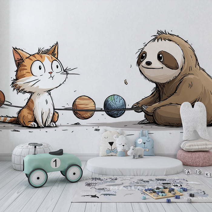 Papier peint chambre enfant | Chat et paresseux explorant l'univers