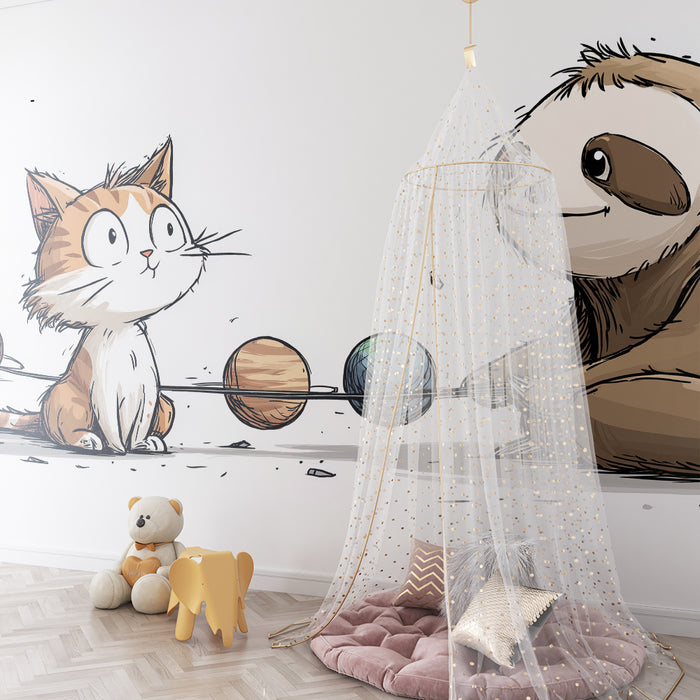 Papier peint chambre enfant | Chat et paresseux explorant l'univers