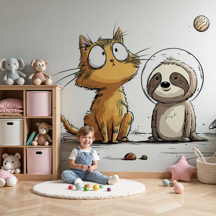 Dětská pokojová tapeta | Kočka a lenochodi průzkumníci vesmíru