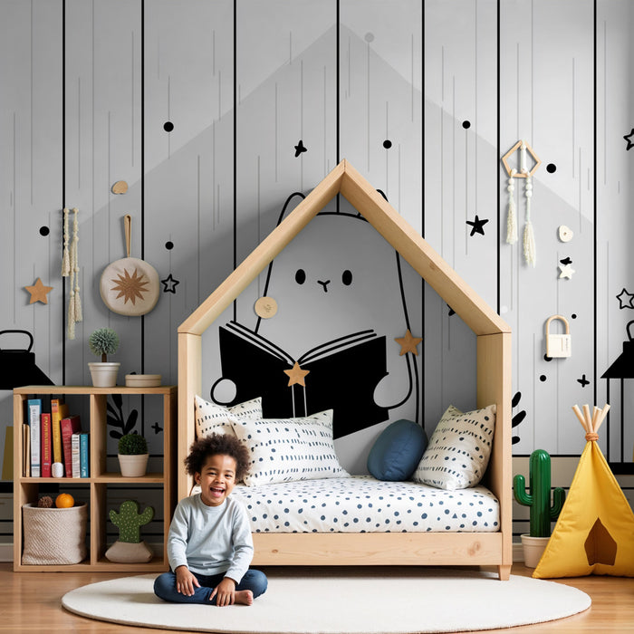 Papel pintado infantil | Gato lector bajo las estrellas