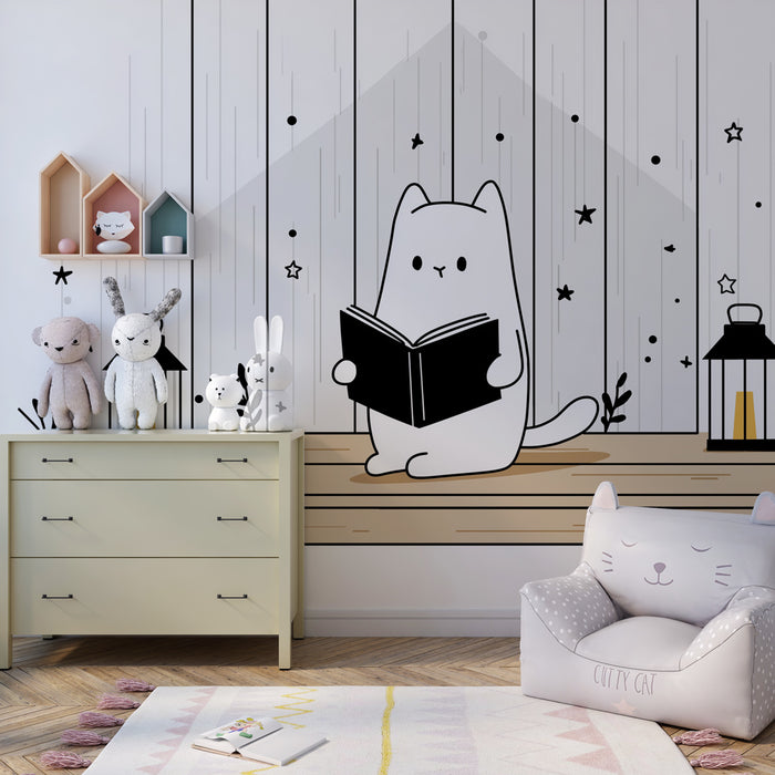 Papel pintado infantil | Gato lector bajo las estrellas