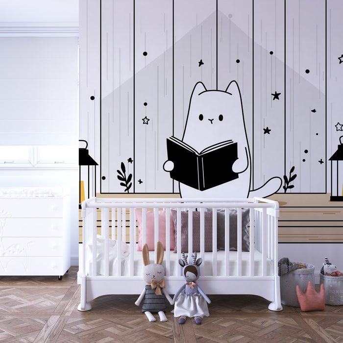 Papel pintado infantil | Gato lector bajo las estrellas