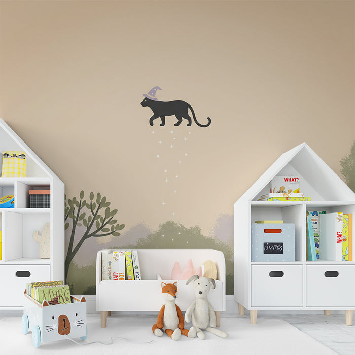 Kinderzimmer Tapete | Schwebende magische Katze über einem Feenwald