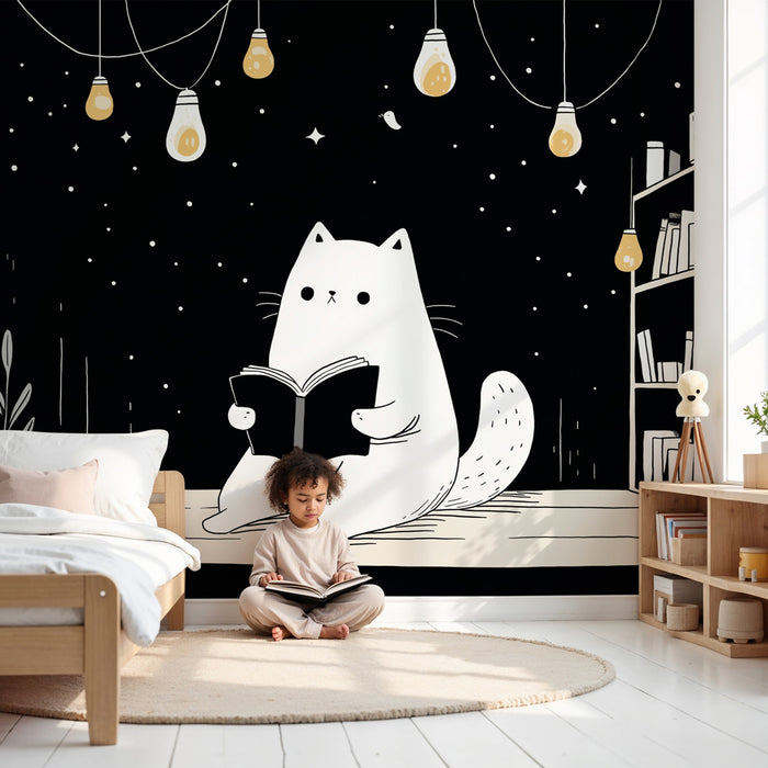 Papel pintado infantil | Lindo gato leyendo bajo las estrellas