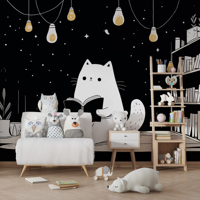 Papel pintado infantil | Lindo gato leyendo bajo las estrellas