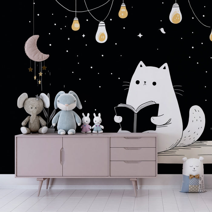Papel pintado infantil | Lindo gato leyendo bajo las estrellas