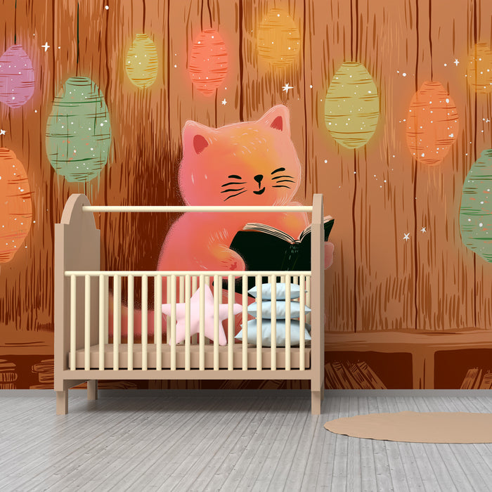 Tapet barnerom | Søt katt og fargerike lanterner