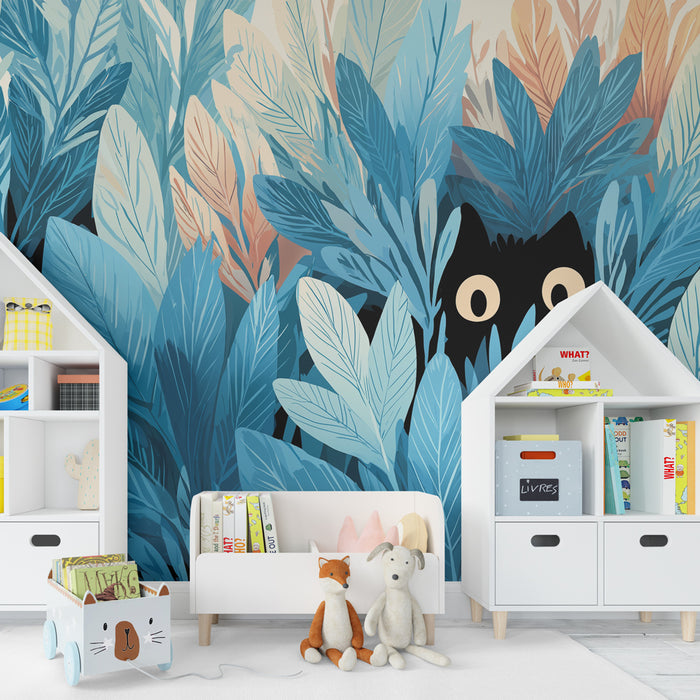 Papier peint chambre enfant | Chat noir caché dans la jungle bleue