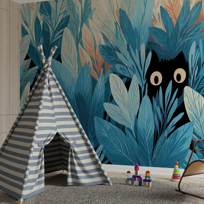 Papier peint chambre enfant | Chat noir caché dans la jungle bleue