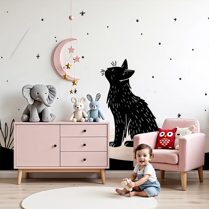 Kinderzimmer Tapete | Schwarze Katze, die die Sterne in einem nächtlichen Himmel betrachtet