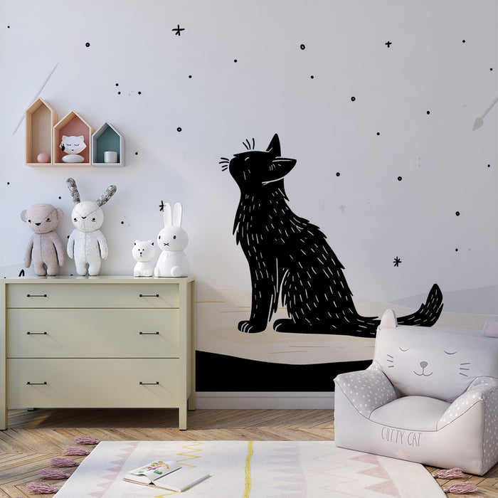 Kinderzimmer Tapete | Schwarze Katze, die die Sterne in einem nächtlichen Himmel betrachtet