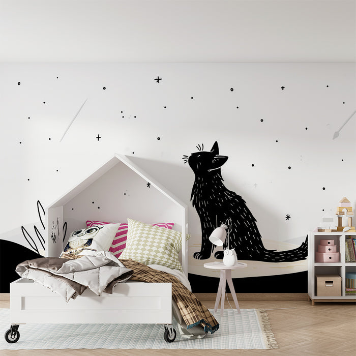 Kinderzimmer Tapete | Schwarze Katze, die die Sterne in einem nächtlichen Himmel betrachtet