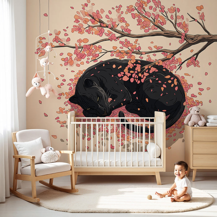 Papier peint chambre enfant | Chat noir endormi sous les fleurs d'automne