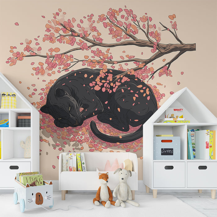 Papier peint chambre enfant | Chat noir endormi sous les fleurs d'automne