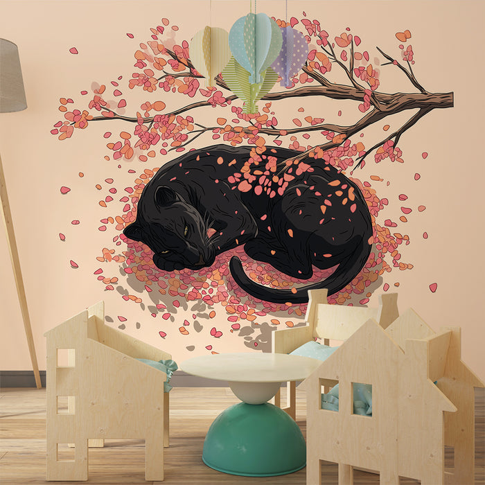 Papier peint chambre enfant | Chat noir endormi sous les fleurs d'automne