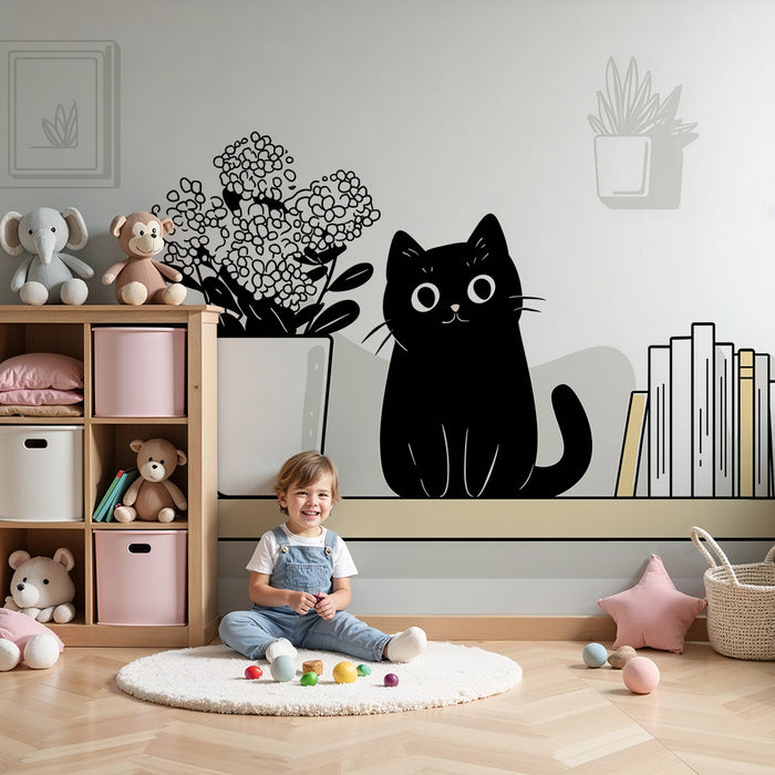 Papel pintado infantil | Gato negro travieso y delicadas flores