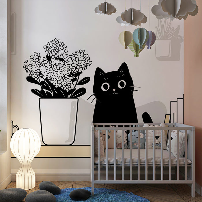 Papel pintado infantil | Gato negro travieso y delicadas flores
