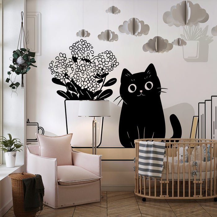 Papel pintado infantil | Gato negro travieso y delicadas flores