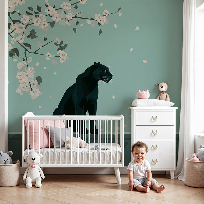 Papier peint chambre enfant | Chat noir sous des fleurs délicates
