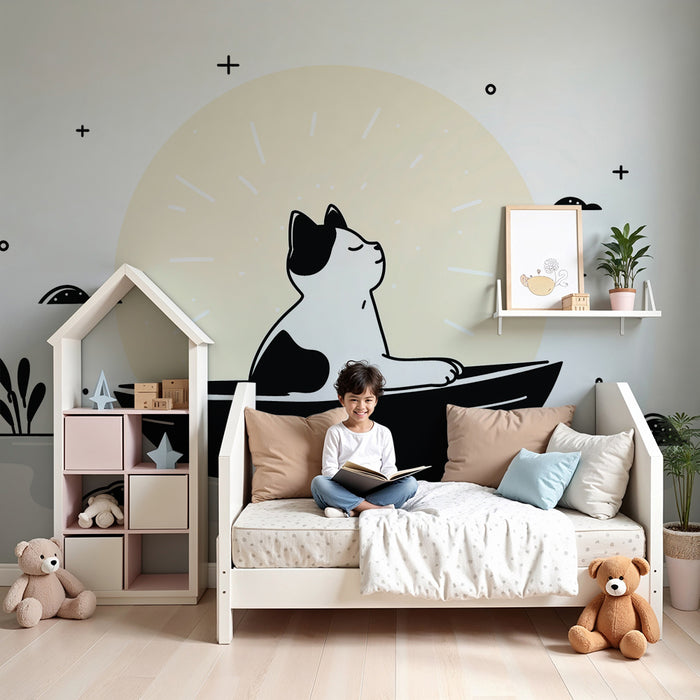 Papel pintado infantil | Gato tranquilo en un barco bajo un sol suave