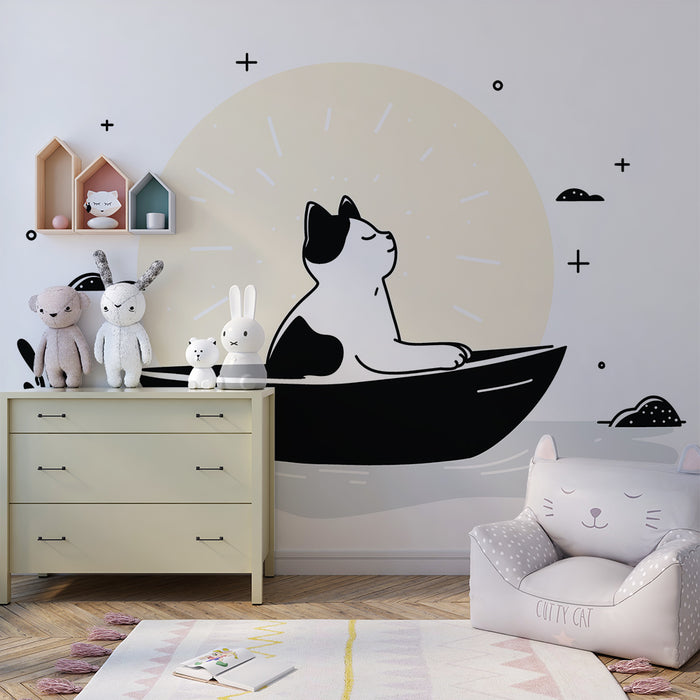Papel pintado infantil | Gato tranquilo en un barco bajo un sol suave