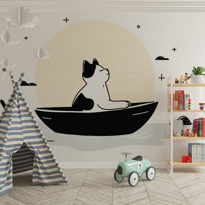 Papel pintado infantil | Gato tranquilo en un barco bajo un sol suave