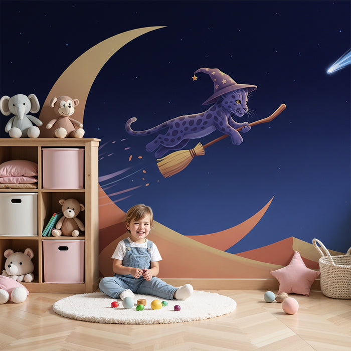 Papier peint chambre enfant | Chat sorcier sur un balai dans un ciel étoilé