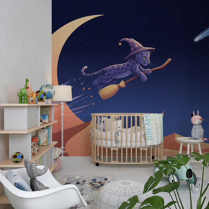 Papier peint chambre enfant | Chat sorcier sur un balai dans un ciel étoilé