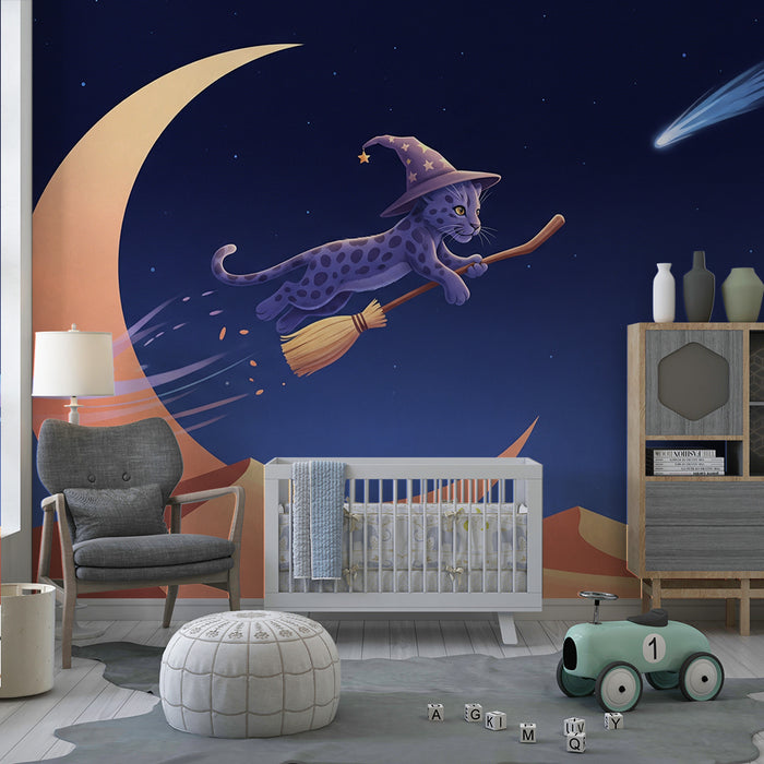 Papier peint chambre enfant | Chat sorcier sur un balai dans un ciel étoilé