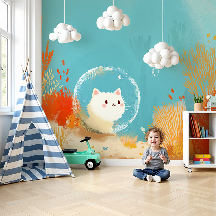 Gyermekszoba tapéta | Színes világot felfedező víz alatti macska