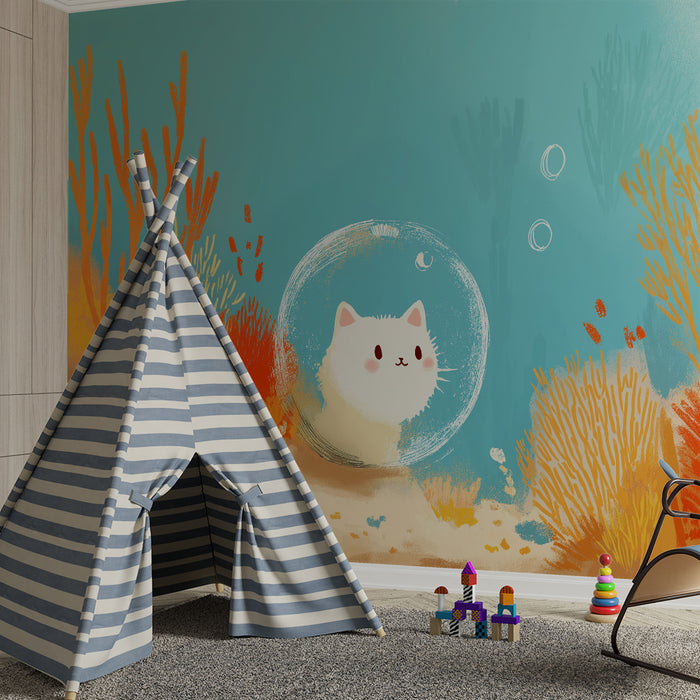 Gyermekszoba tapéta | Színes világot felfedező víz alatti macska