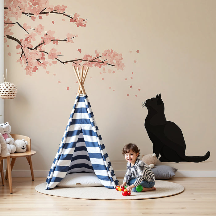 Kids room wallpaper | All black cat under a blooming cherry tree