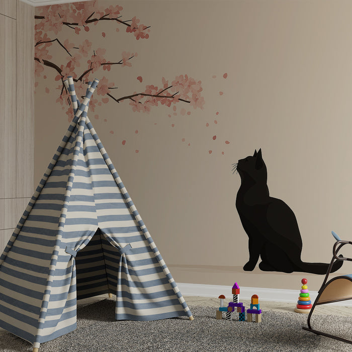 Kids room wallpaper | All black cat under a blooming cherry tree