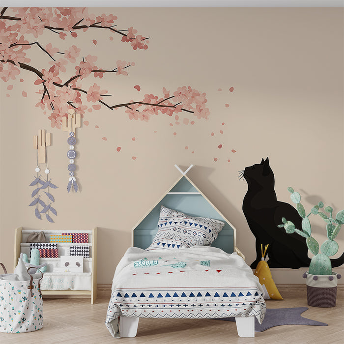 Kids room wallpaper | All black cat under a blooming cherry tree