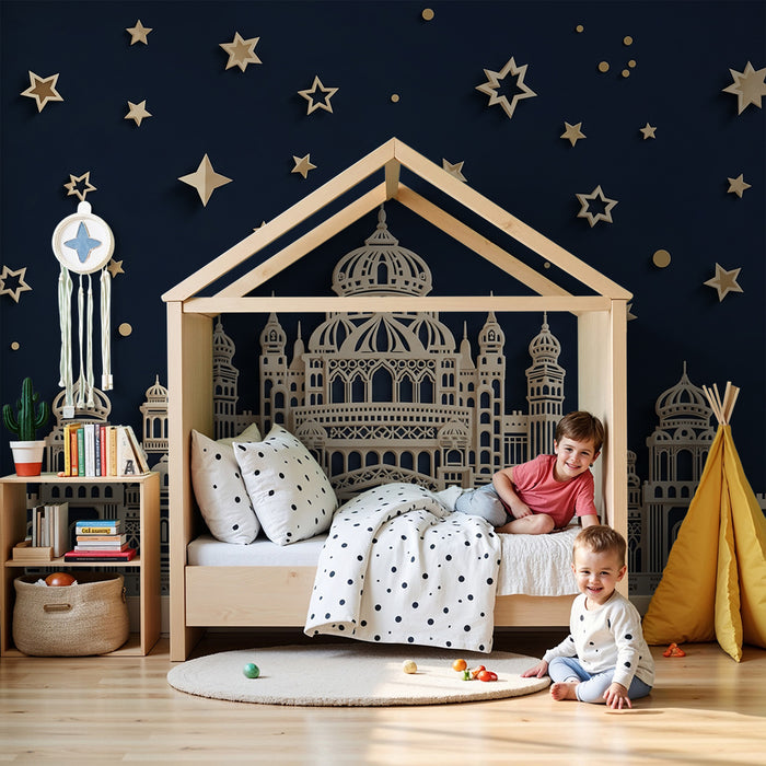 Carta da parati bambini | Castello beige e sfondo blu notte