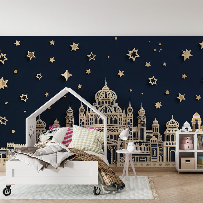 Carta da parati bambini | Castello beige e sfondo blu notte