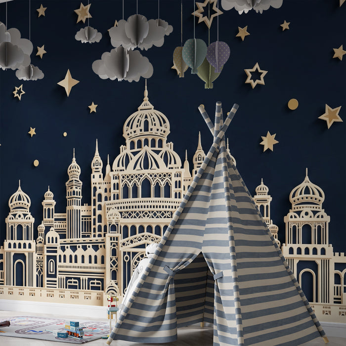 Carta da parati bambini | Castello beige e sfondo blu notte