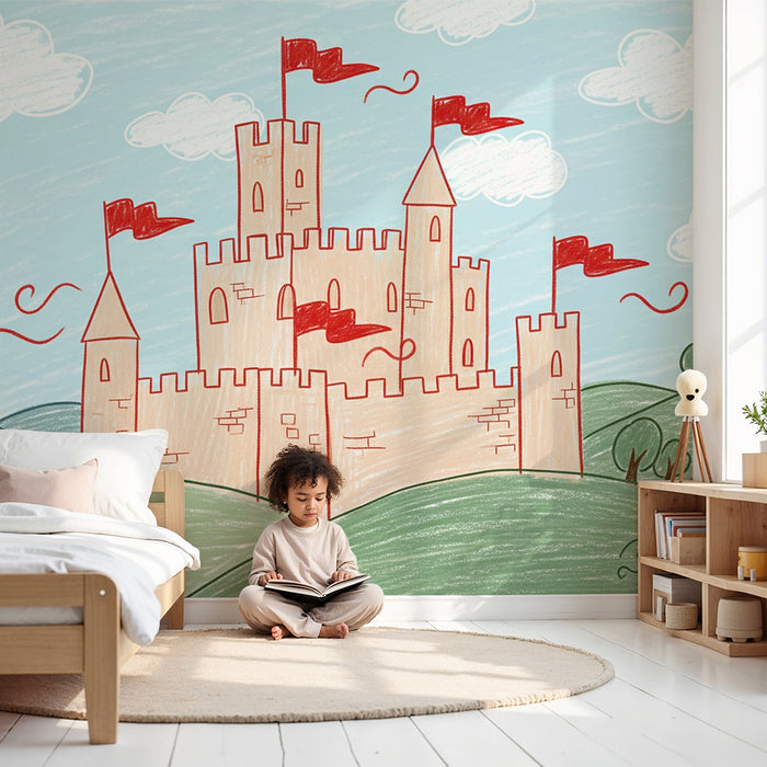Kids room wallpaper | Colorful castle with flags and enchanting landscape