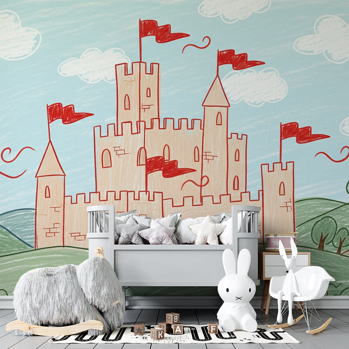 Kids room wallpaper | Colorful castle with flags and enchanting landscape