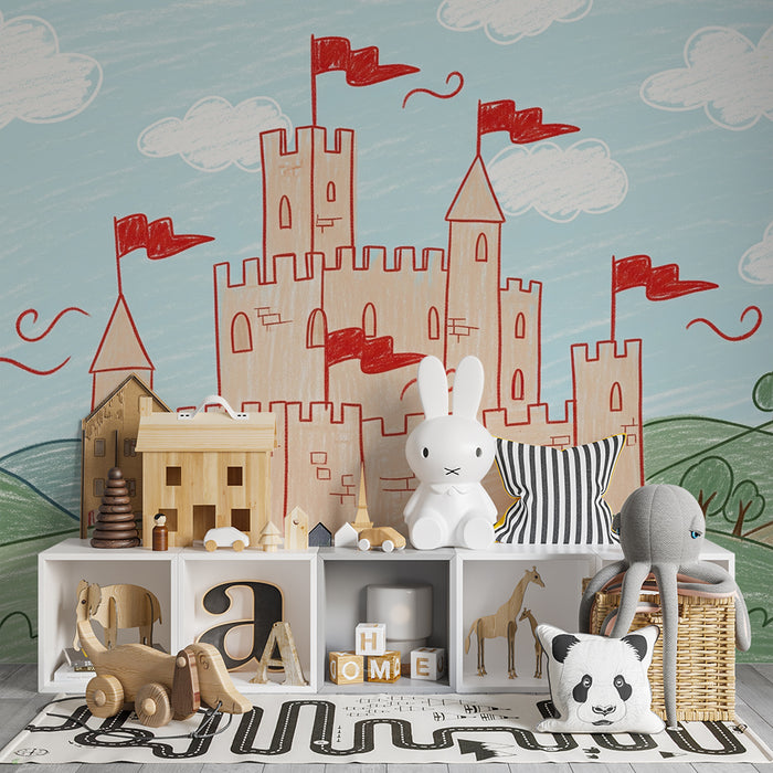 Kids room wallpaper | Colorful castle with flags and enchanting landscape