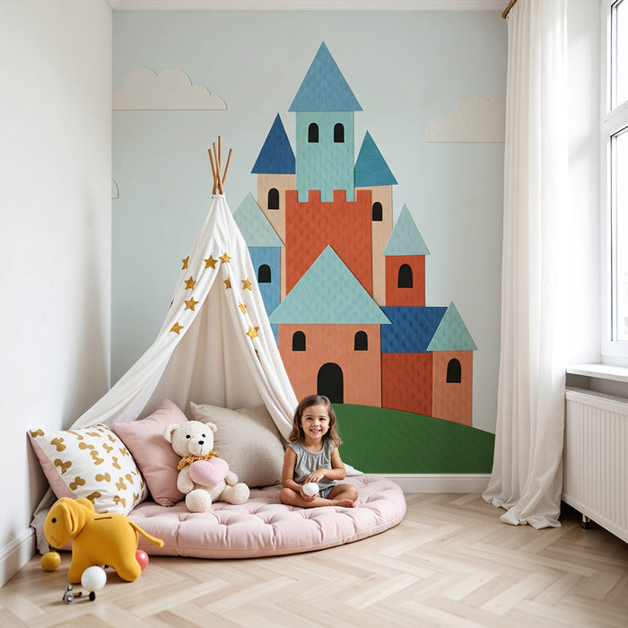 Kinderzimmer Tapete | Bunter Schloss auf einem Hügel mit Wolken