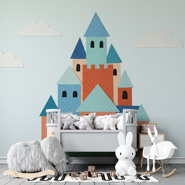 Kinderzimmer Tapete | Bunter Schloss auf einem Hügel mit Wolken