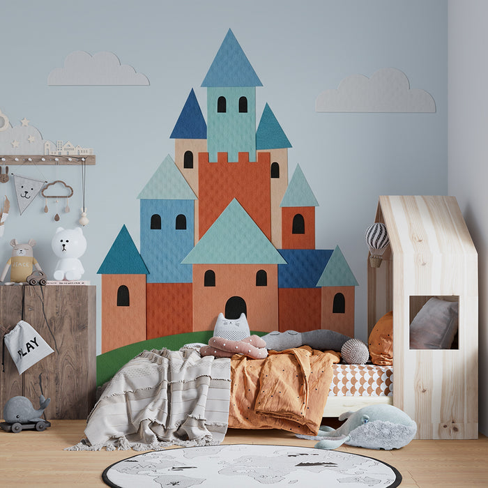 Kinderzimmer Tapete | Bunter Schloss auf einem Hügel mit Wolken