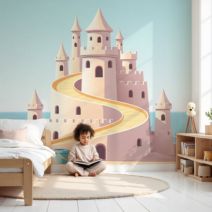 Papier peint chambre enfant | Château de sable avec toboggan sur la plage