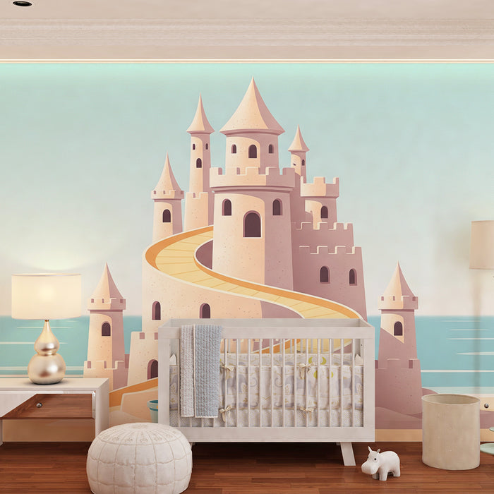 Papier peint chambre enfant | Château de sable avec toboggan sur la plage